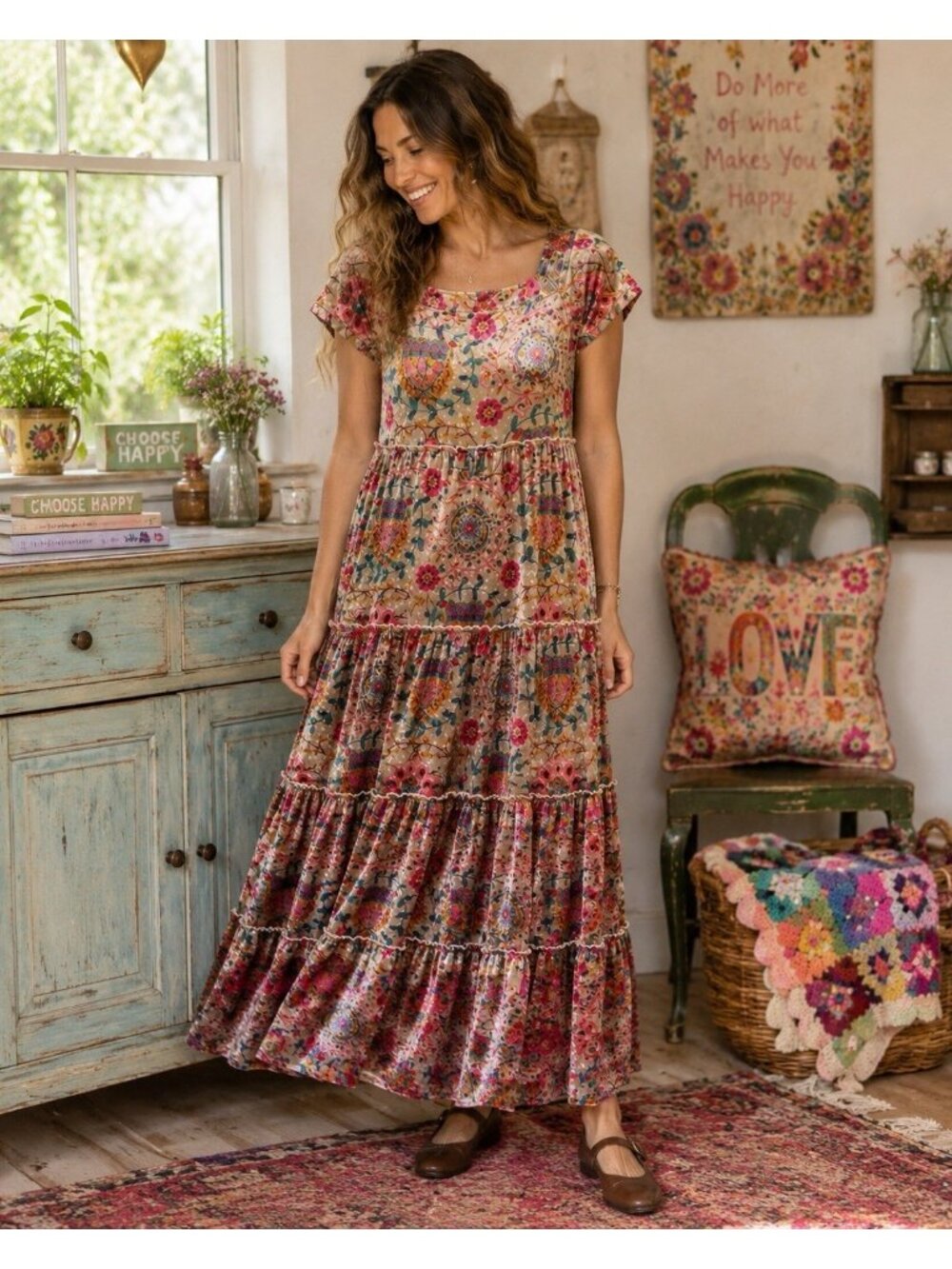 Natural Life Womens Berkley Dress Sz Large Floral Crushed Velvet Boho Maxi